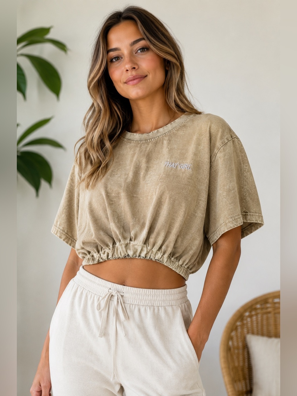 MINAA MONROE That Girl Acid Wash Cinched Crop Tee Boxy Oversized XS Brown